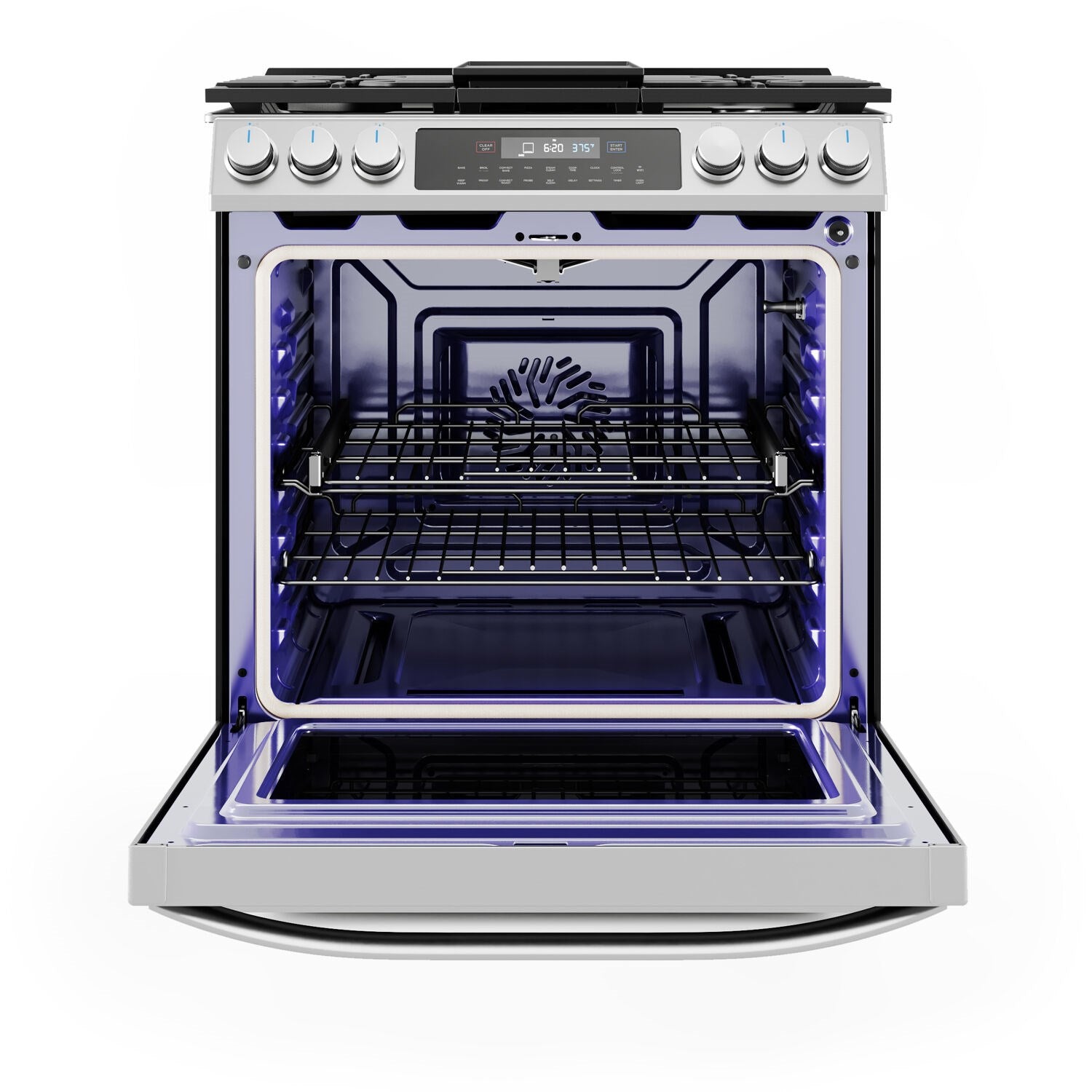 Open stainless steel gas oven with lit interior and empty racks under convection fan