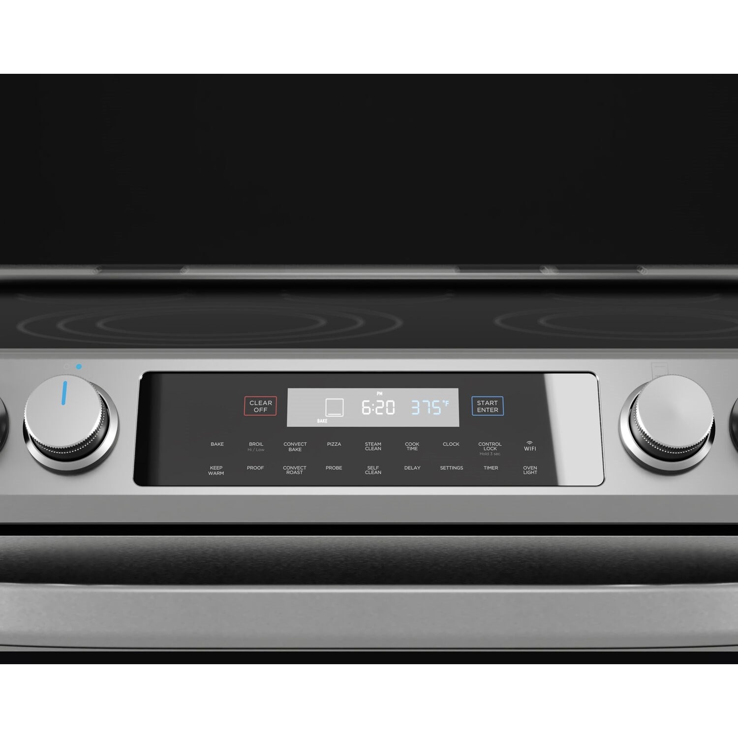 Stainless electric range control panel with digital display and two side burner knobs