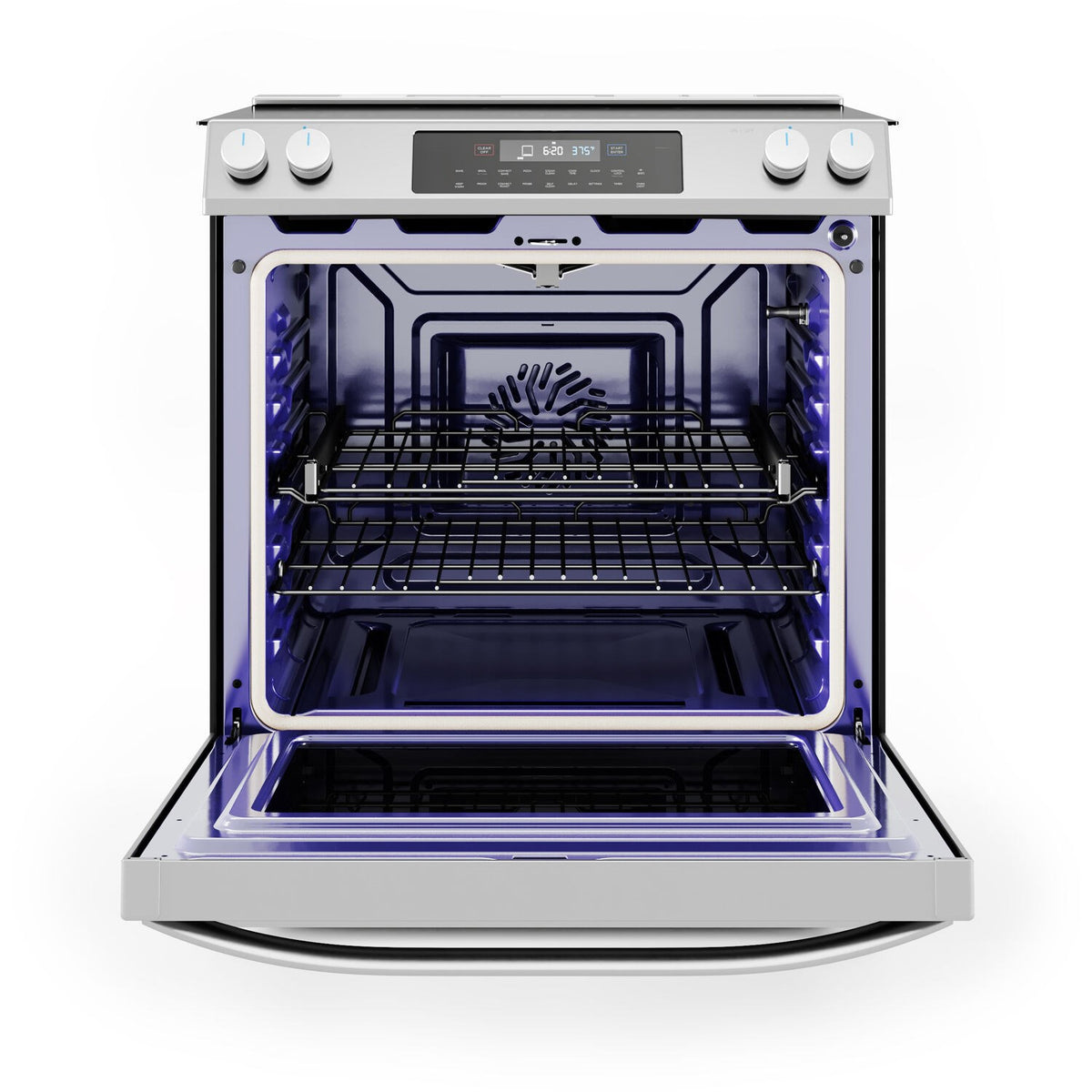 Stainless steel electric range with oven door open, interior racks illuminated