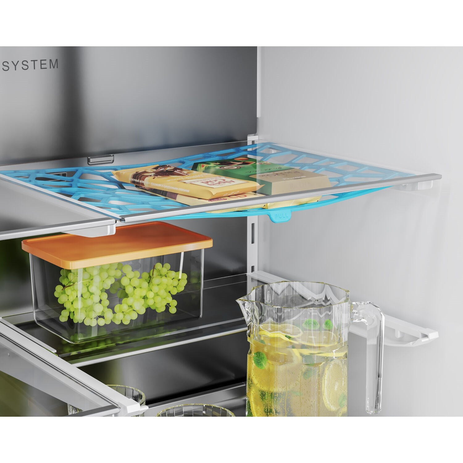 Refrigerator produce drawer with clear cover and blue airflow-style base tray