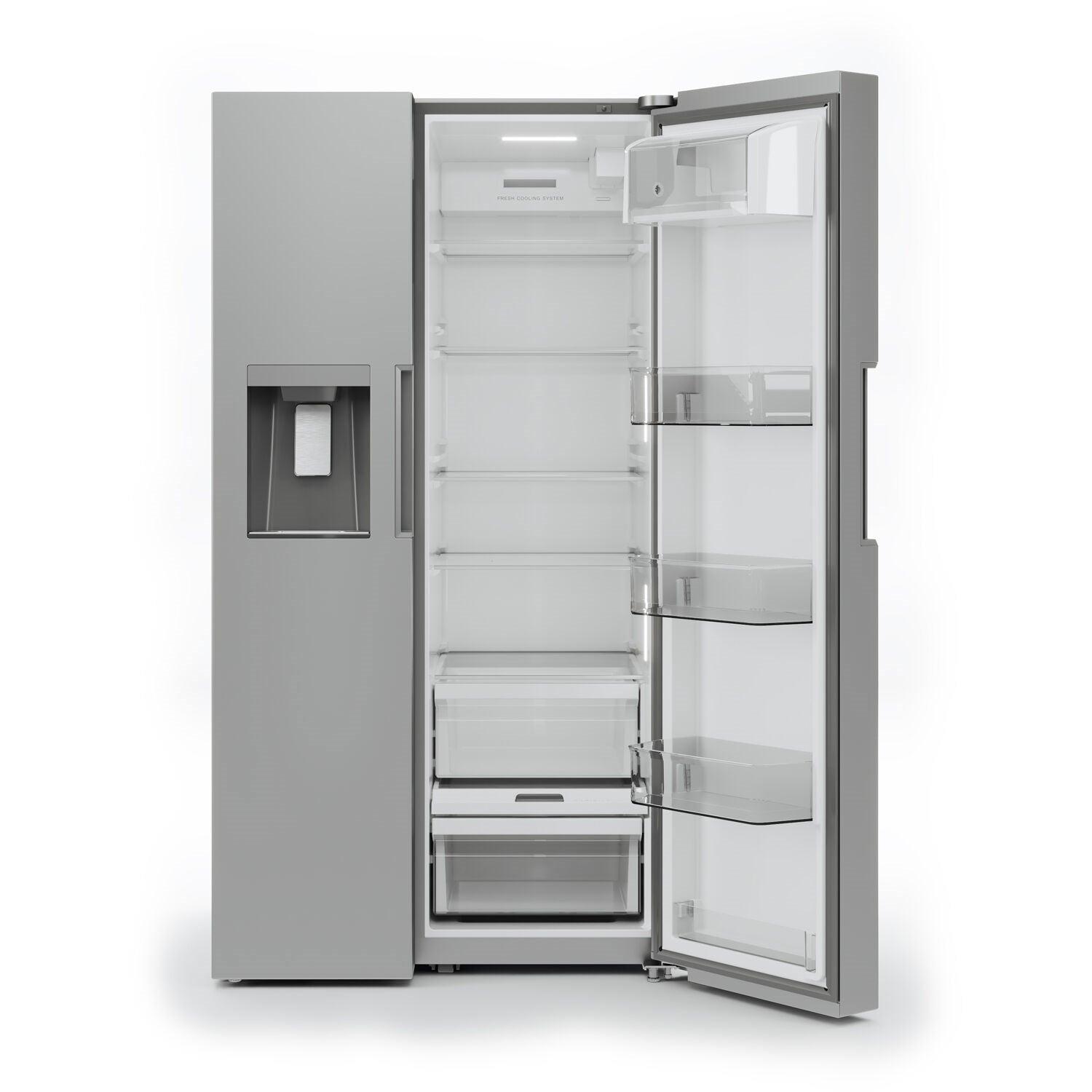 Refrigerator doors open to reveal adjustable white shelves and glass storage bins