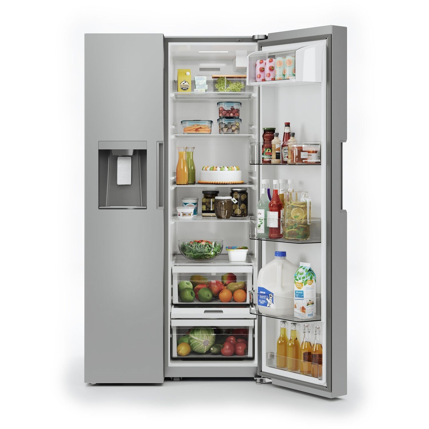 Open refrigerator showing stocked glass shelves, bottles, and crisper drawers
