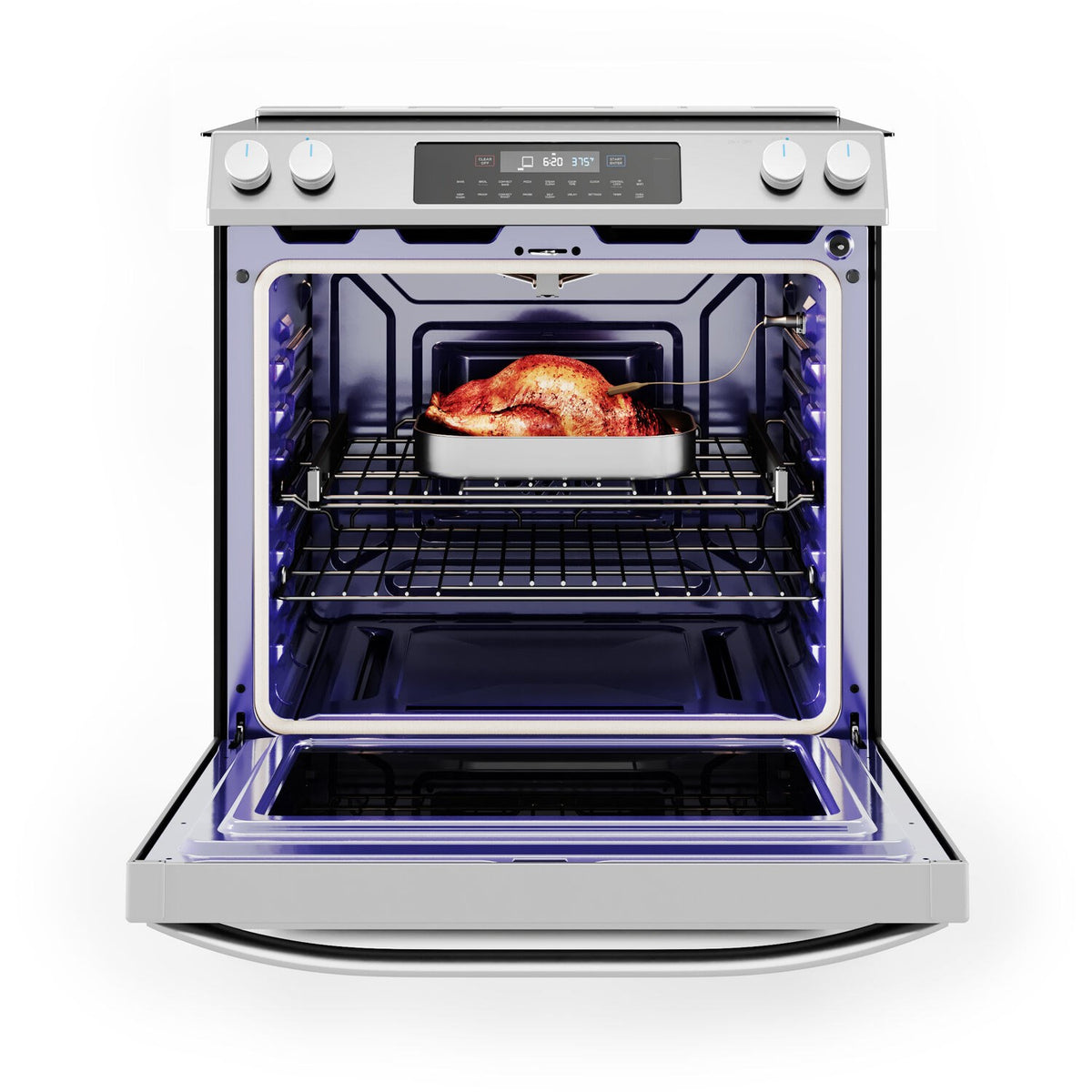 Stainless steel electric range with open oven door and whole chicken roasting