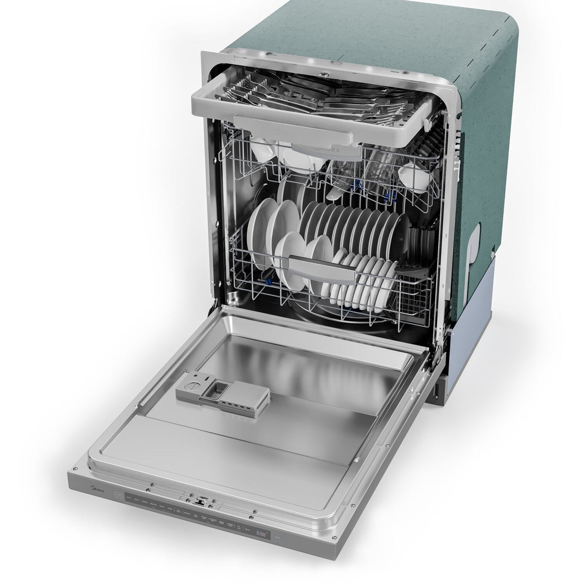 Open built-in dishwasher with upper rack and lower rack plus utensil area