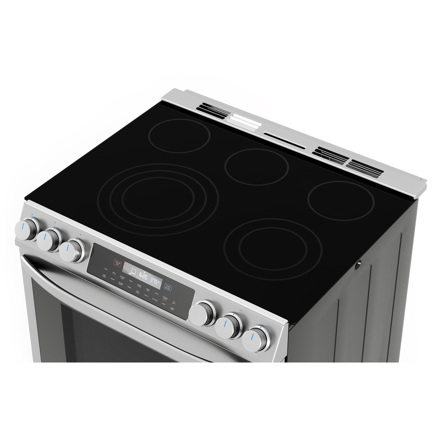 Stainless electric range with black glass cooktop and four burner circles