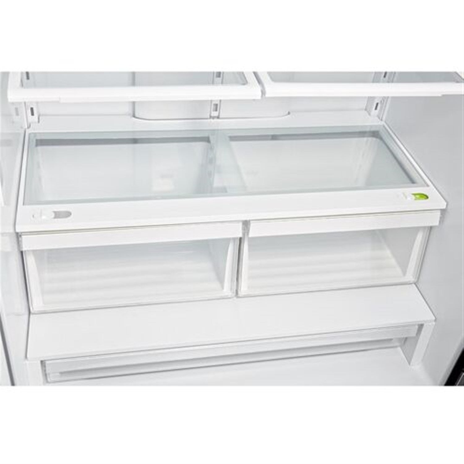Refrigerator interior with clear crisper bins and multiple adjustable shelves