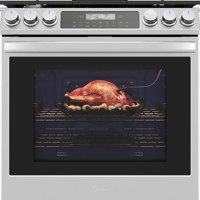 Midea 30-Inch Smart Slide-in Gas Range with 5 Sealed Burners Wi-Fi Enabled, 6.1 Cu. Ft., Pro Style with True Convection in Stainless Steel (MGS30S4AST)