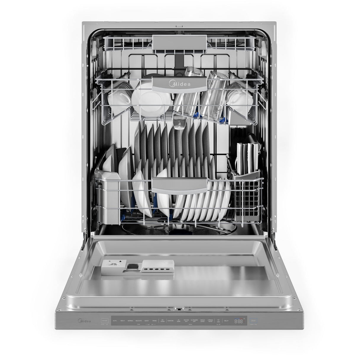 Stainless steel built-in dishwasher open front view with utensils and plate rack
