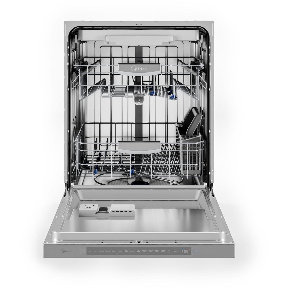 Front view of open built-in dishwasher with both racks and spray system