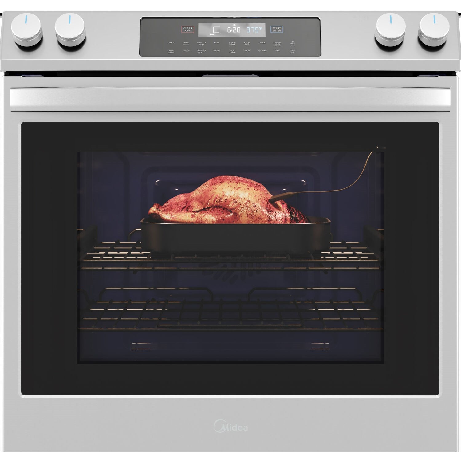 Stainless steel electric range with oven door window showing roasted chicken