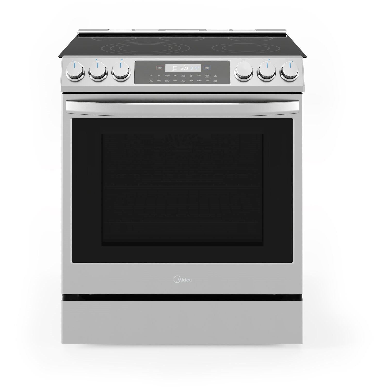 Stainless slide-in electric range with black glass oven door and front control panel