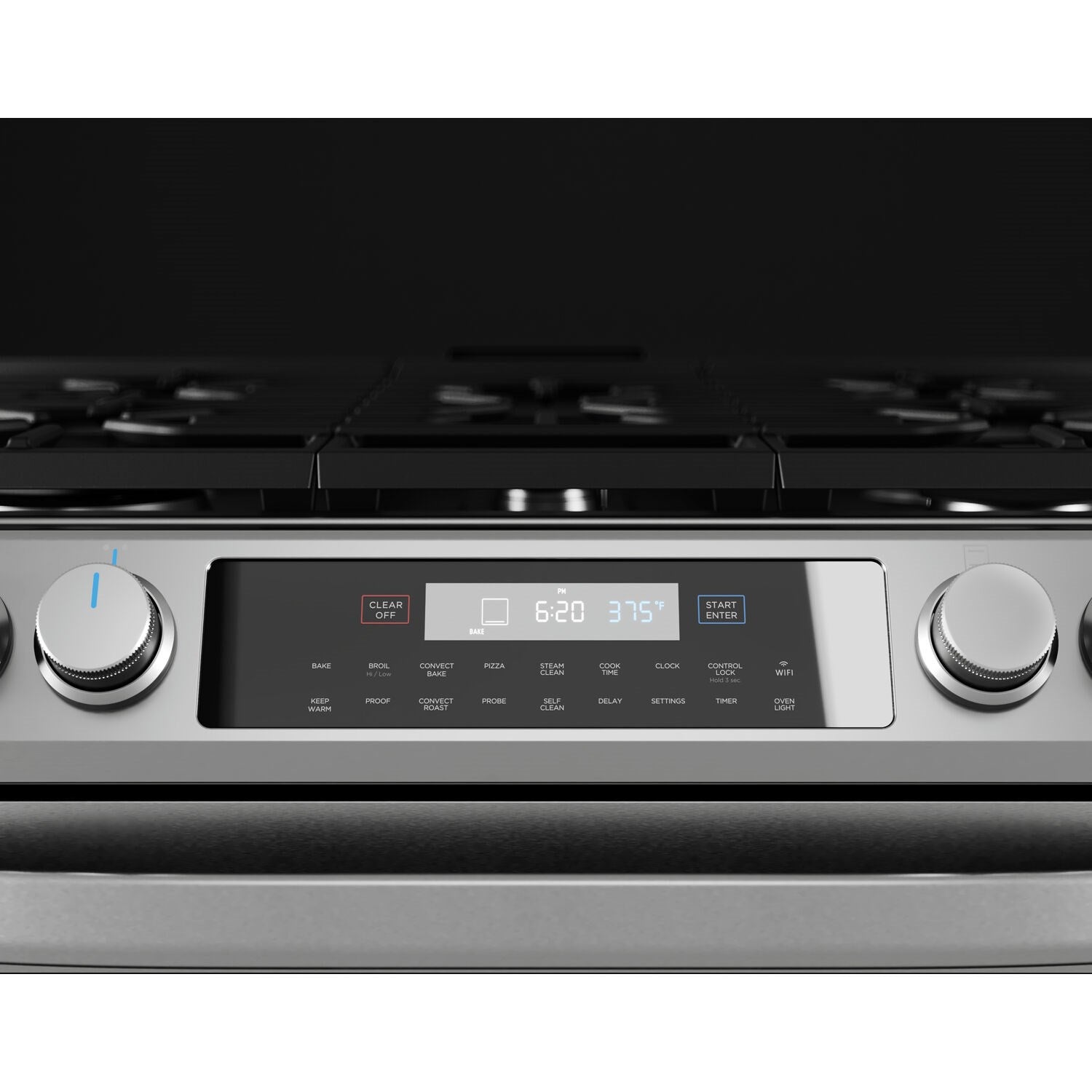 Stainless steel control panel with burner knobs and digital display