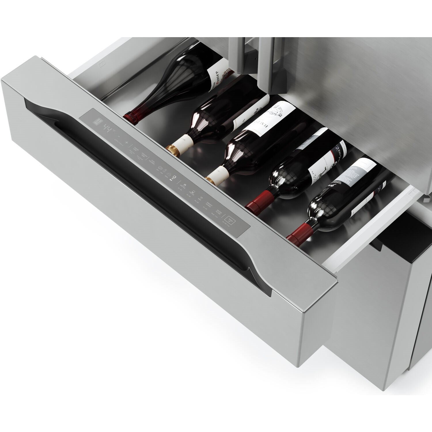 Stainless steel refrigerator pull-out beverage drawer with bottle storage