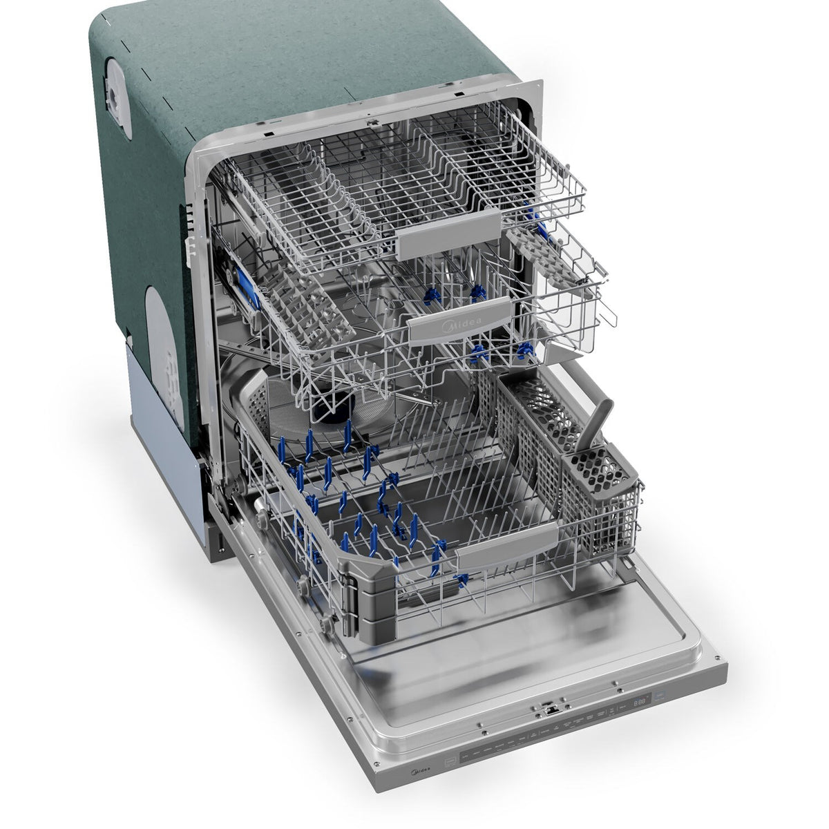 Stainless steel dishwasher open with racks, blue wash jets, and utensil tray