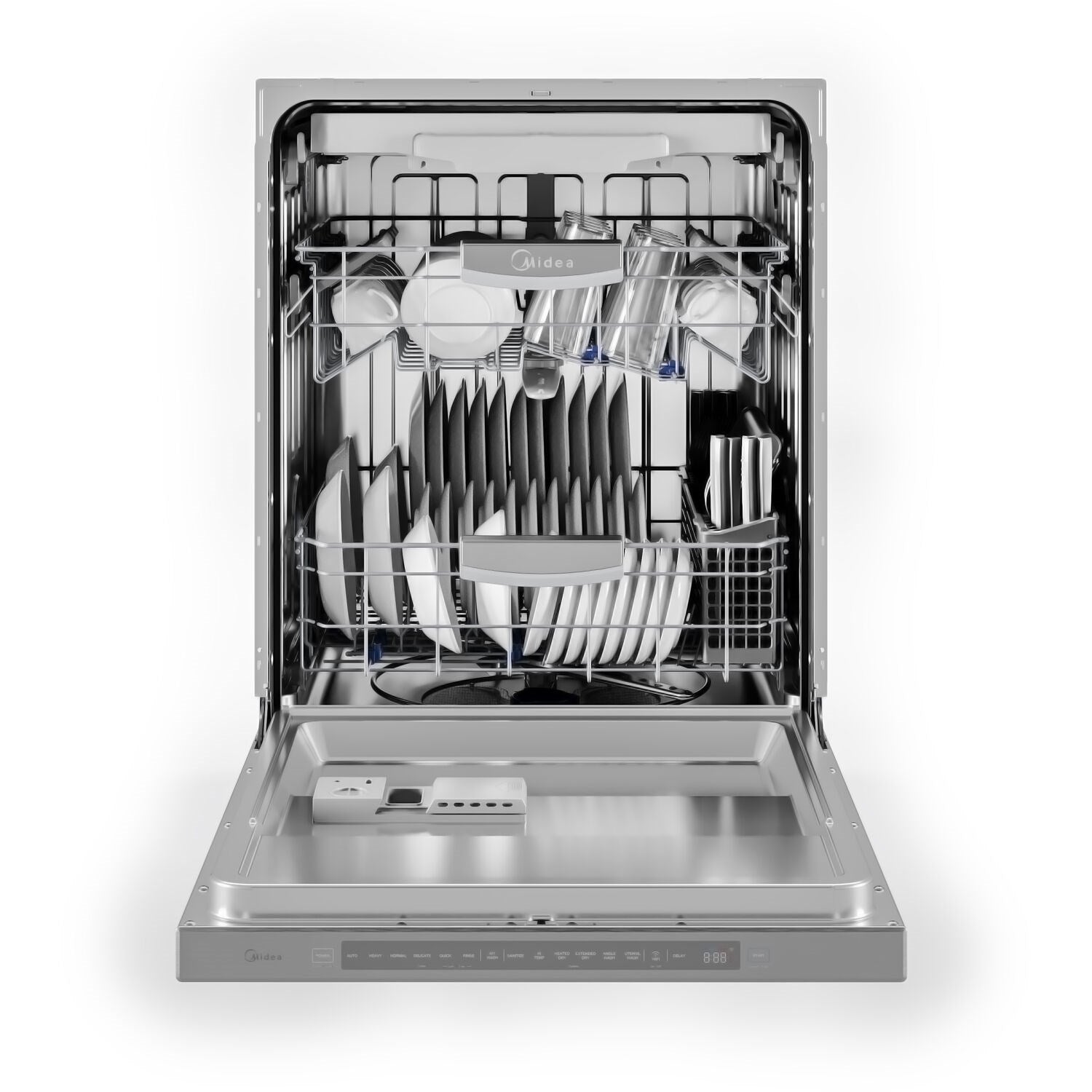 Dishwasher interior with stacked racks and dishware positions, door open