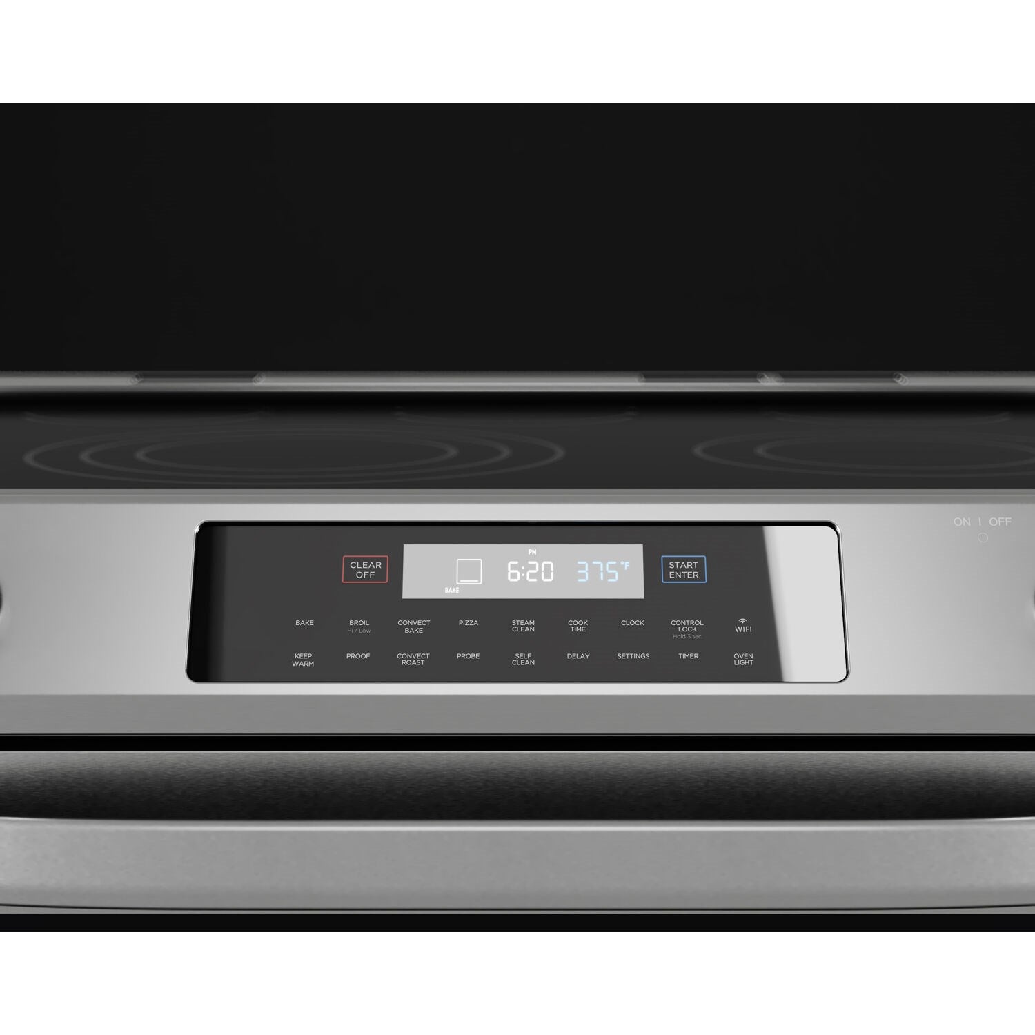 Electric range control panel with digital display, buttons, and timer indicators