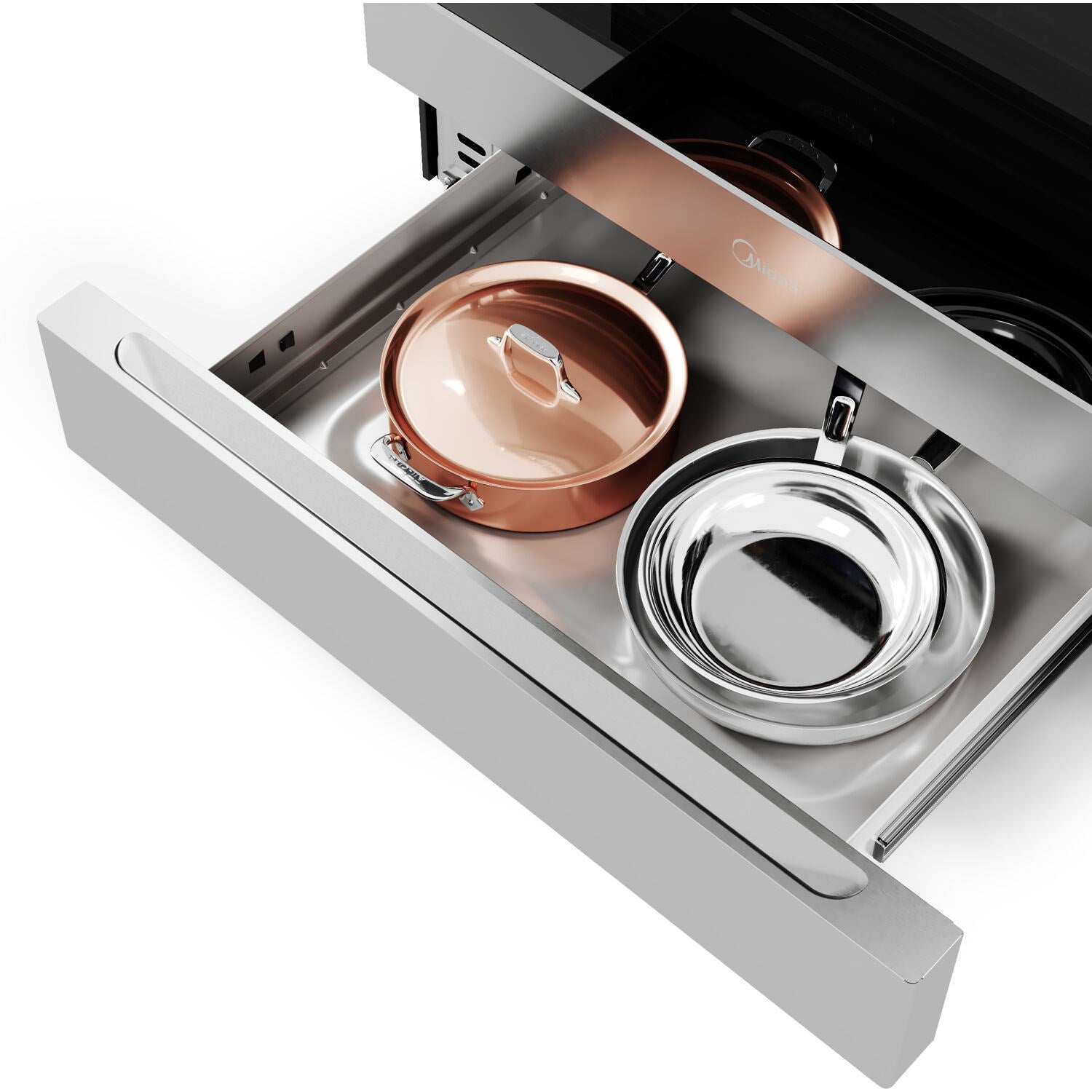 Stainless steel slide-in range cooktop with burner rings and copper pot