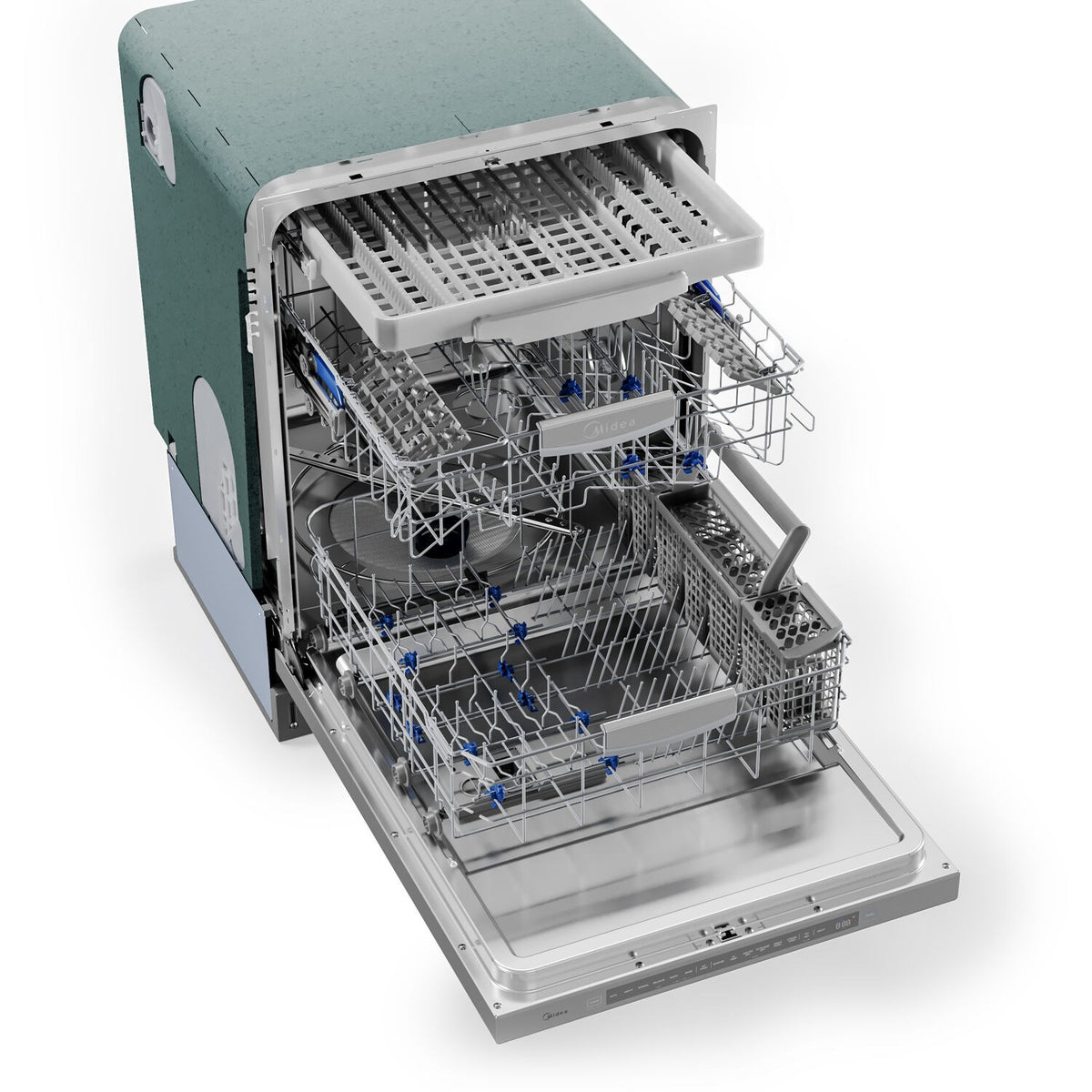Angled view of open built-in dishwasher showing rack layout and spray arms