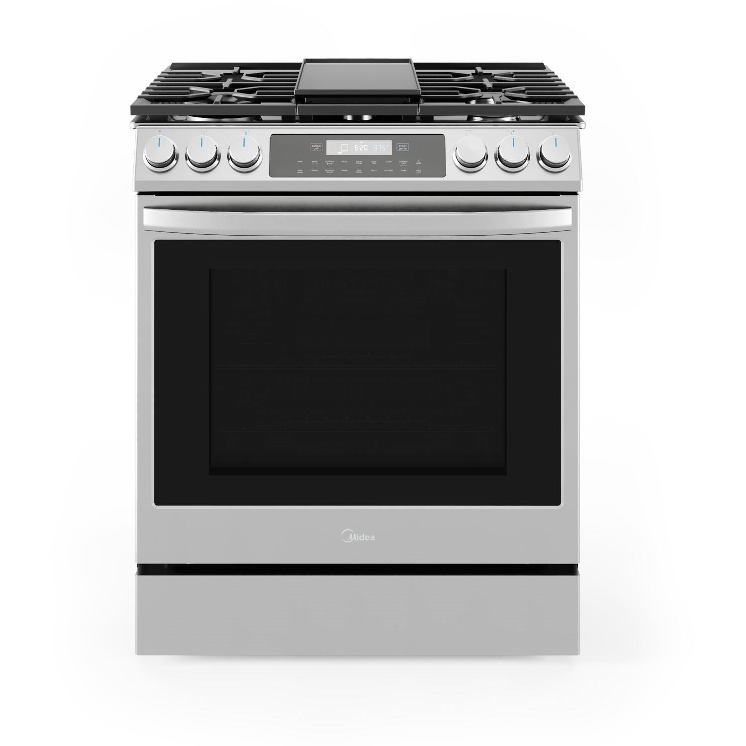 Stainless steel slide-in gas range with five sealed burners and black glass oven door
