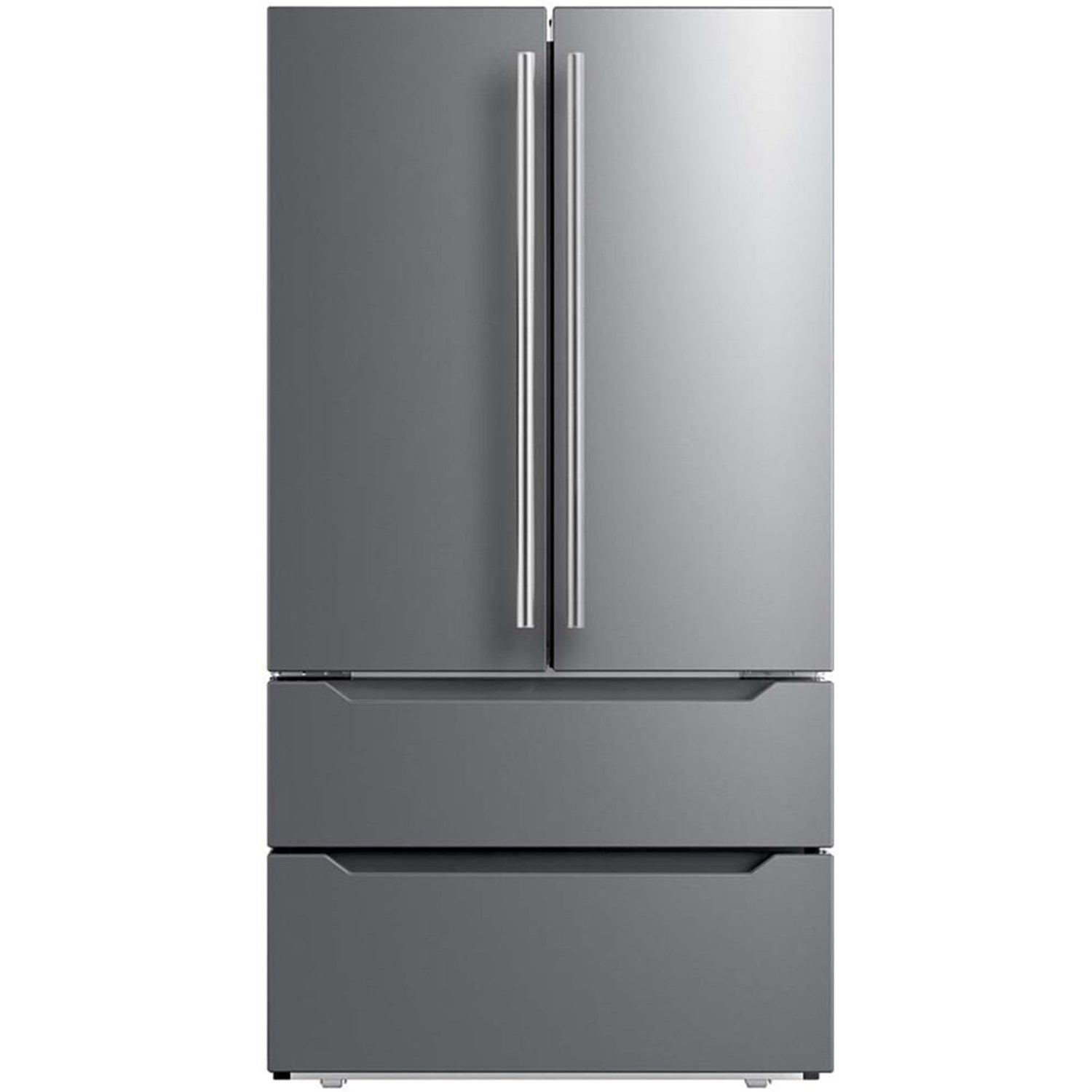 Stainless steel French door refrigerator with vertical handles and bottom freezer drawers