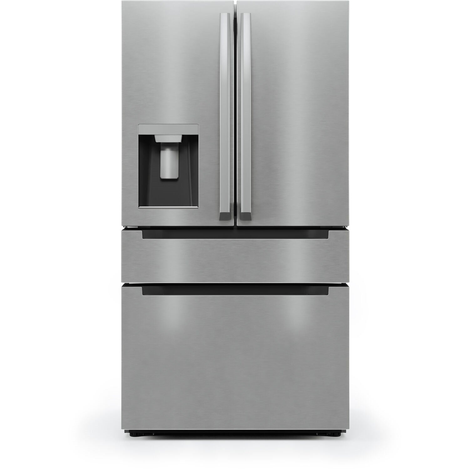 Stainless steel French-door refrigerator with water dispenser in left door