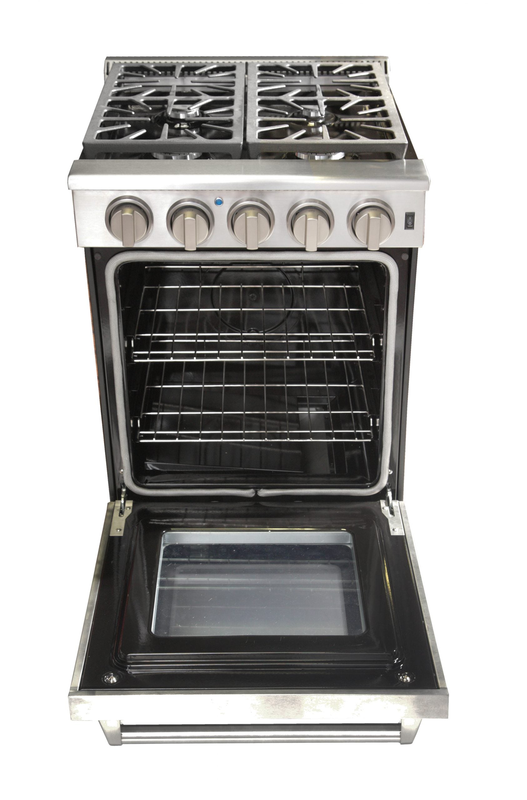 Stainless gas range with four burners, control knobs, and open oven door