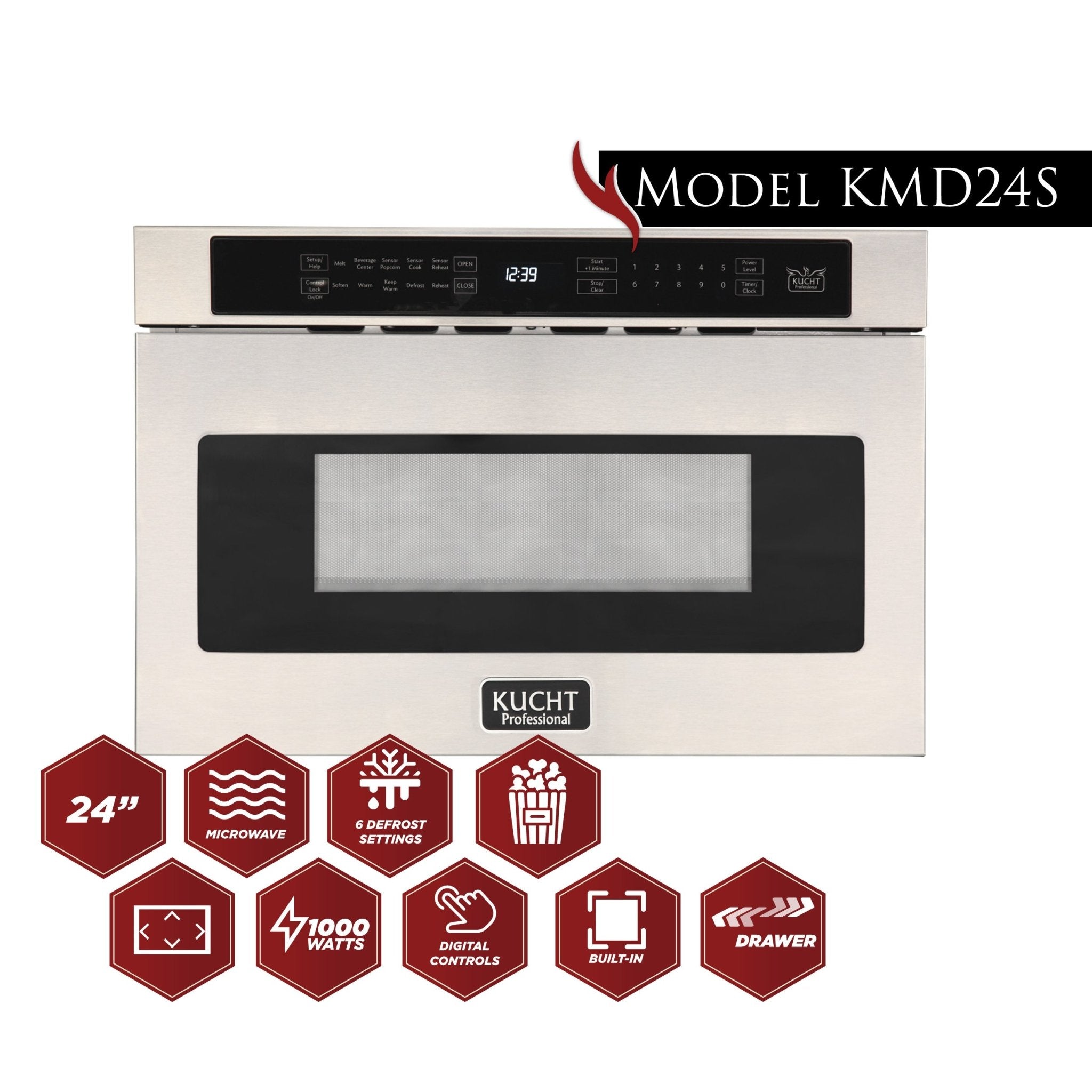 Stainless steel microwave drawer front with black glass window and Kucht Professional logo