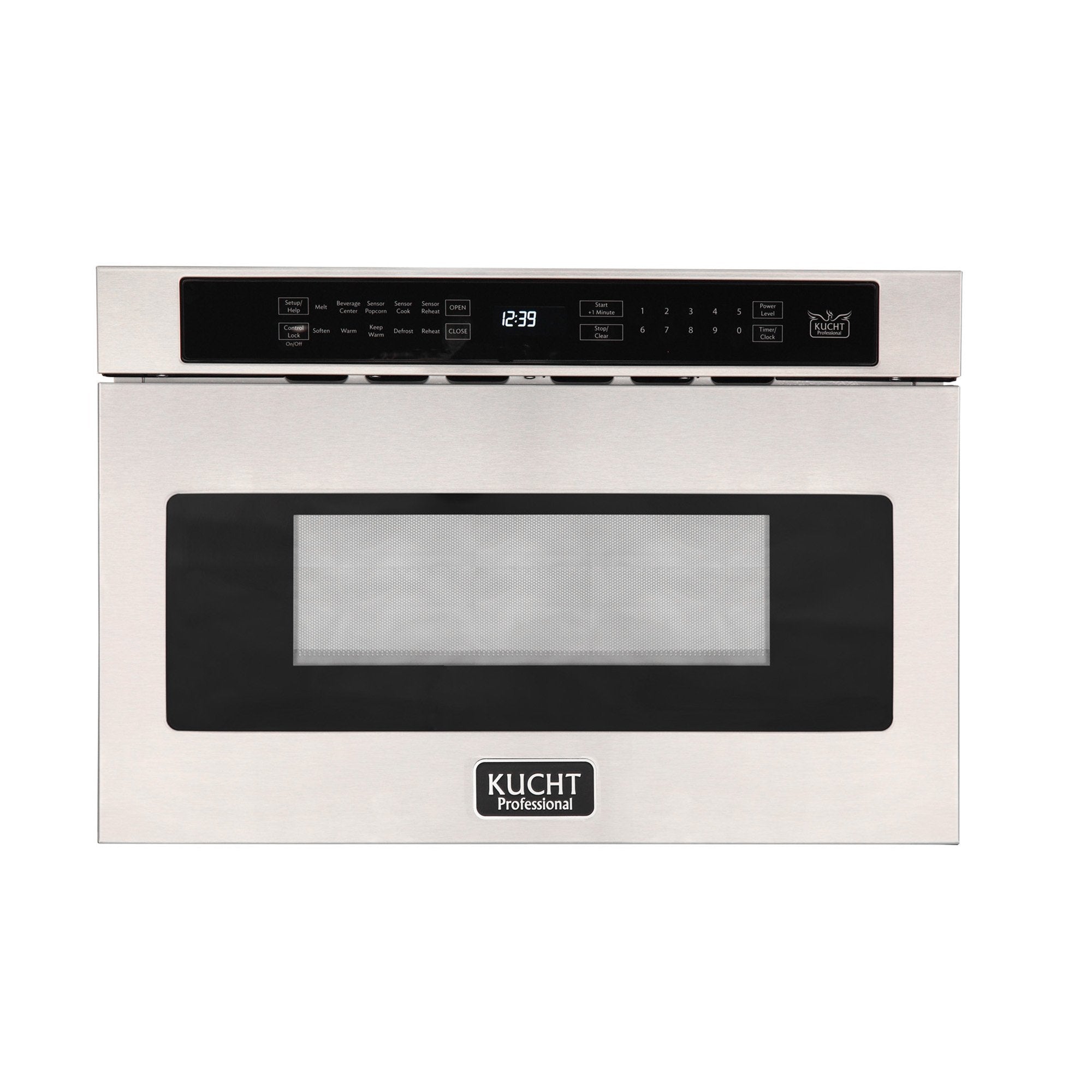 Stainless steel microwave drawer front with black control strip and viewing window