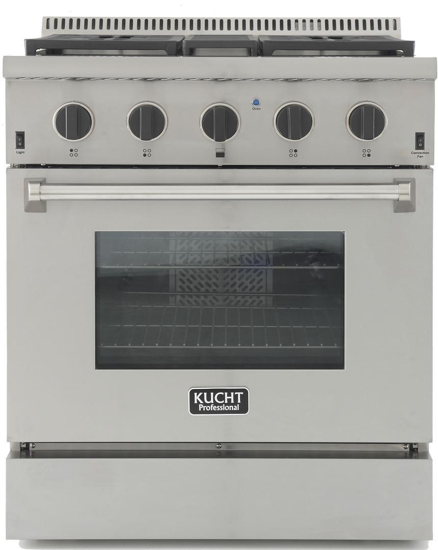 Stainless steel propane gas range with blue control knobs and convection oven window