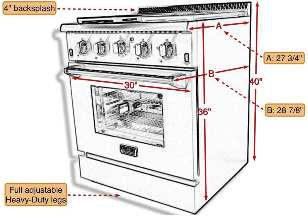 Propane gas range dimensions diagram: 30" width, 36" height, 40" depth, adjustable backsplash