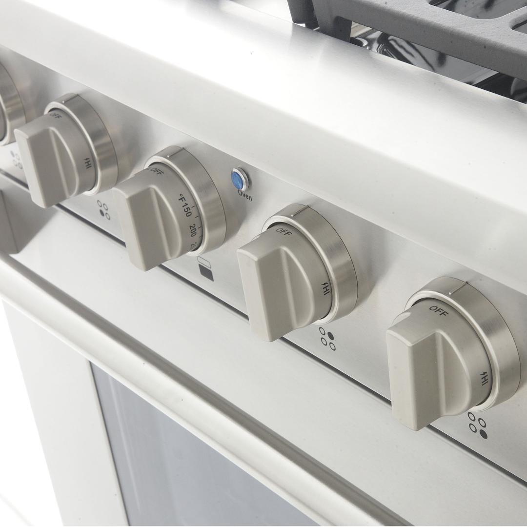 Stainless steel propane gas range control knobs with temperature and function settings