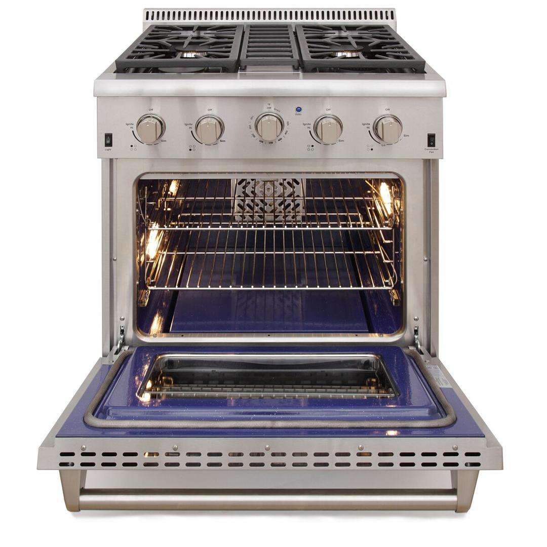 Open stainless steel convection oven with illuminated interior rack