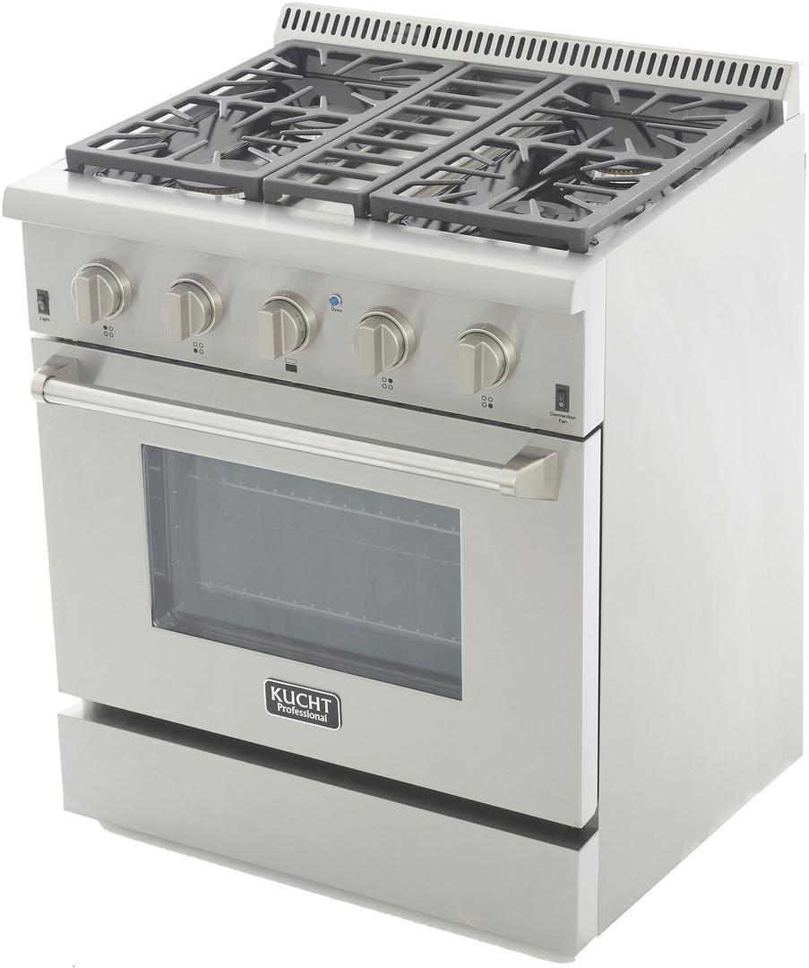 Stainless steel propane gas range with four sealed burners and convection oven door
