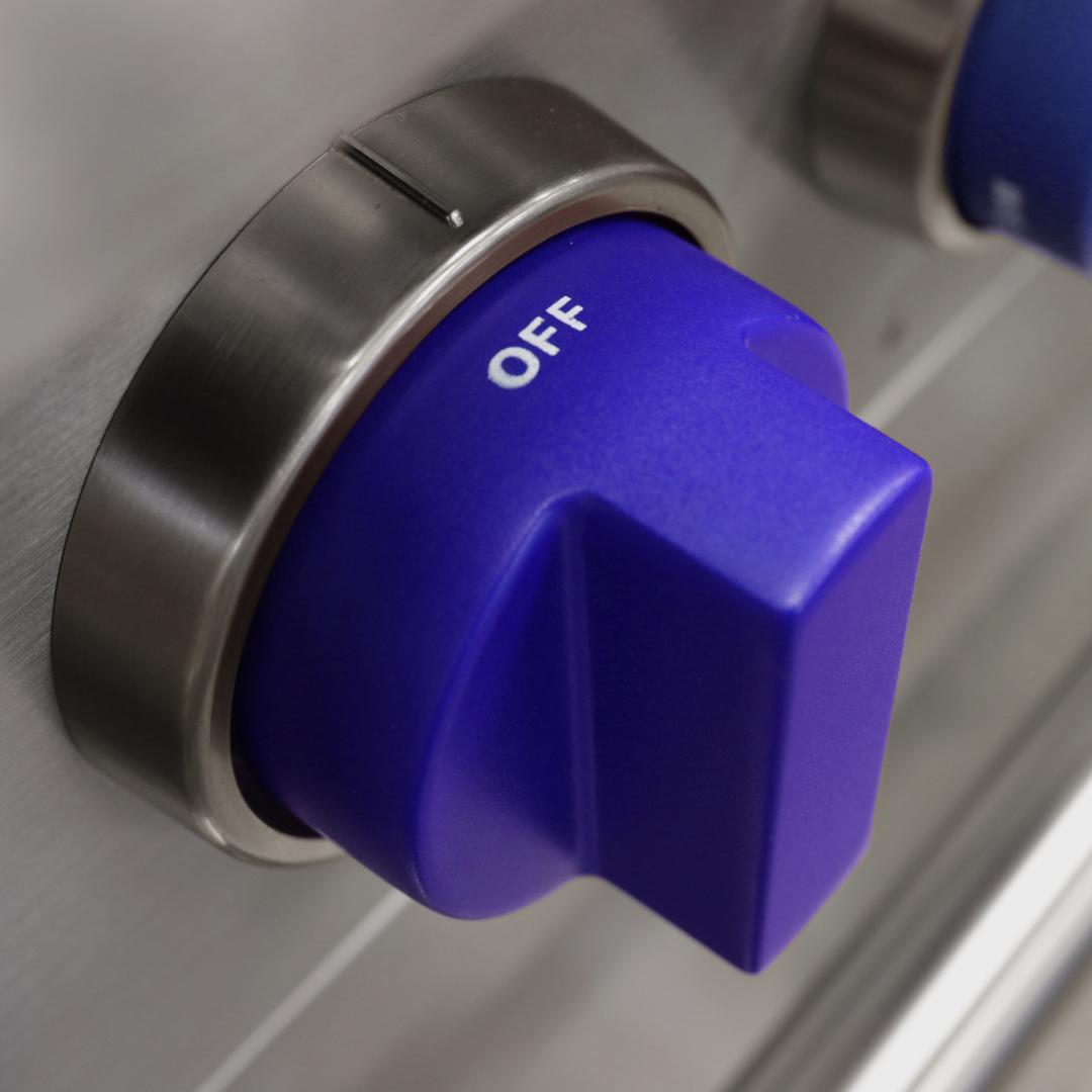 Range control knob with OFF text on black dial and blue adjustment ring