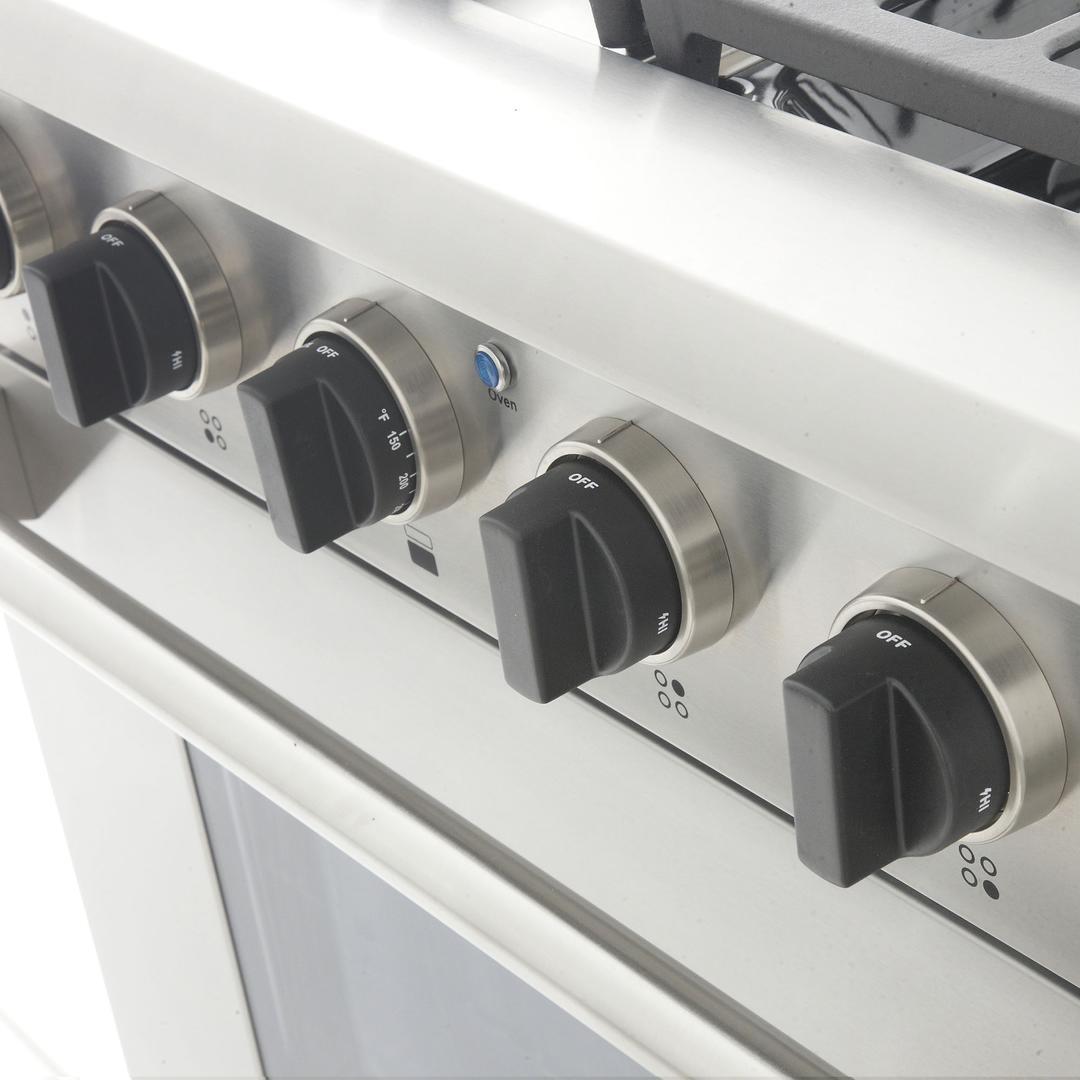 Propane range front control panel with five black burner knobs and stainless trim
