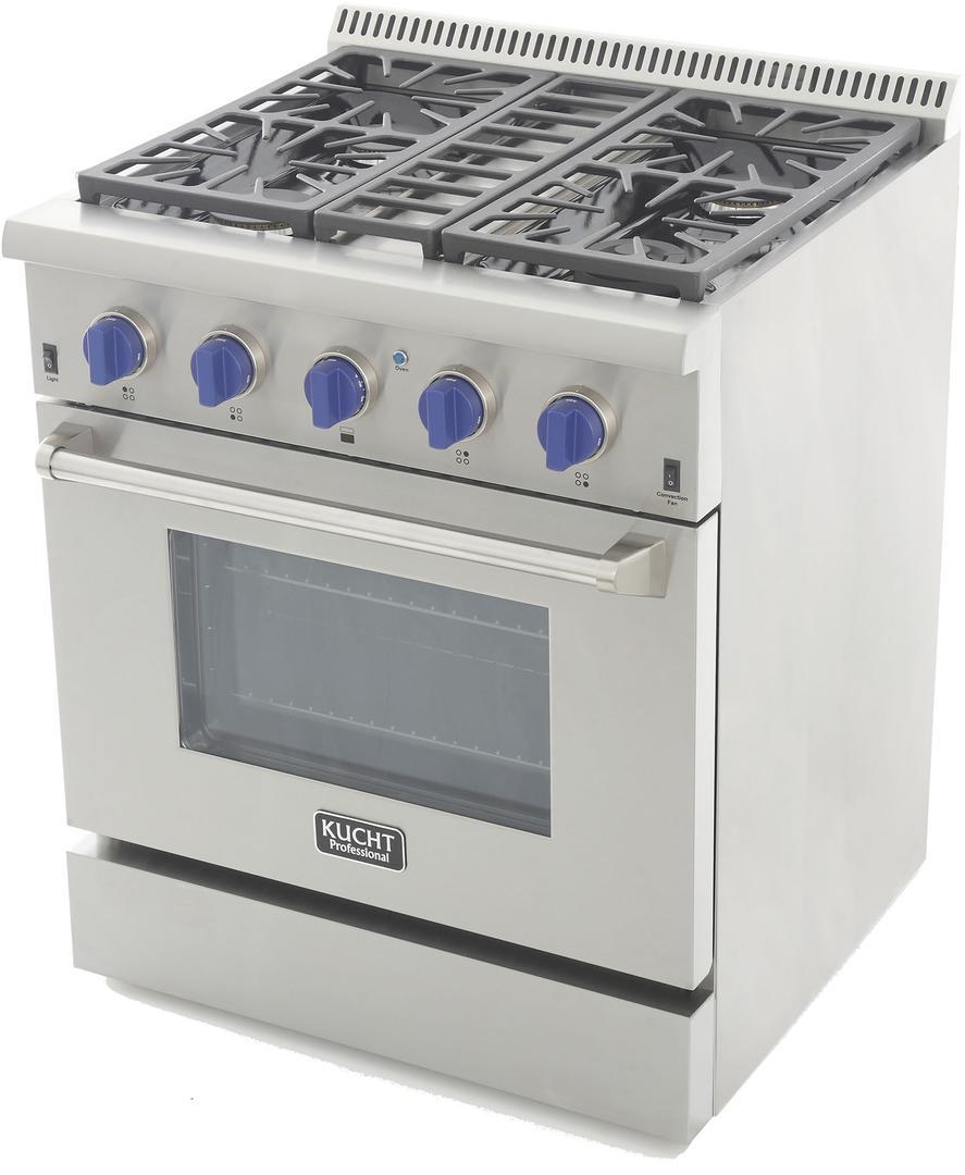 Stainless steel propane gas range with four blue knobs and convection oven door