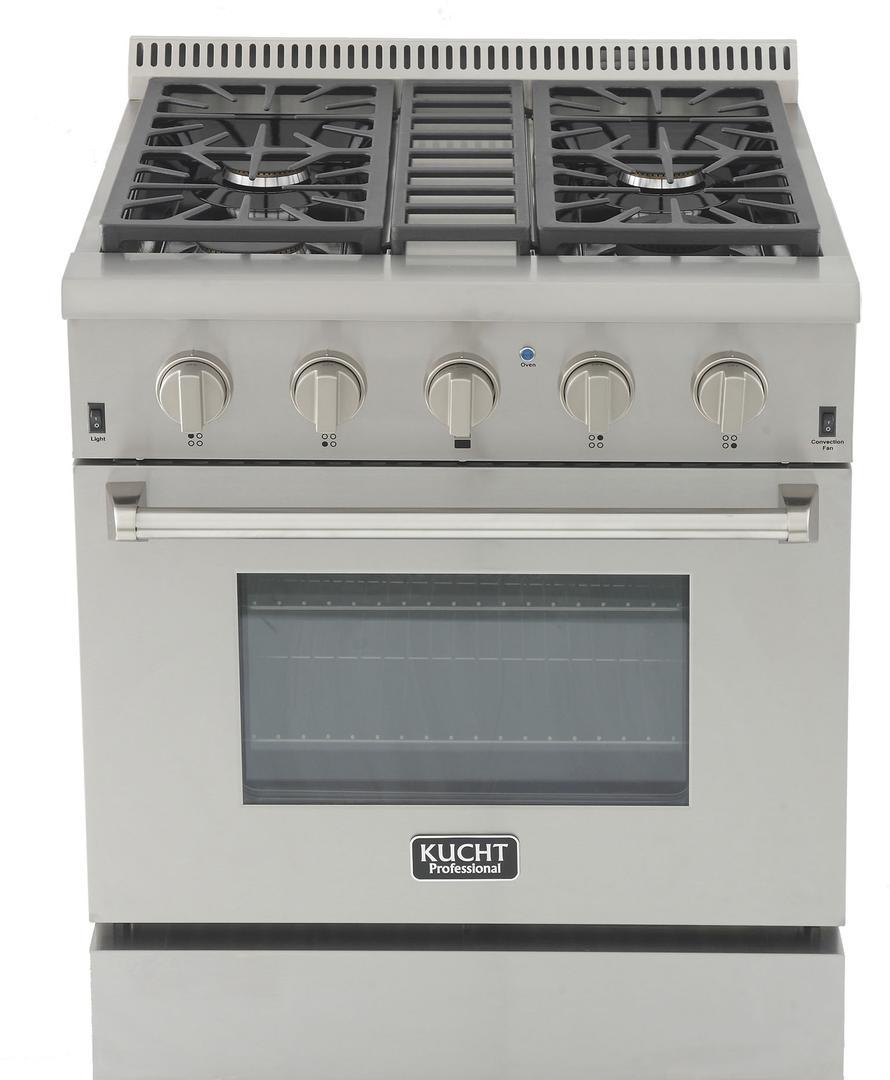 Stainless steel propane gas range front view with burner grates and convection oven window