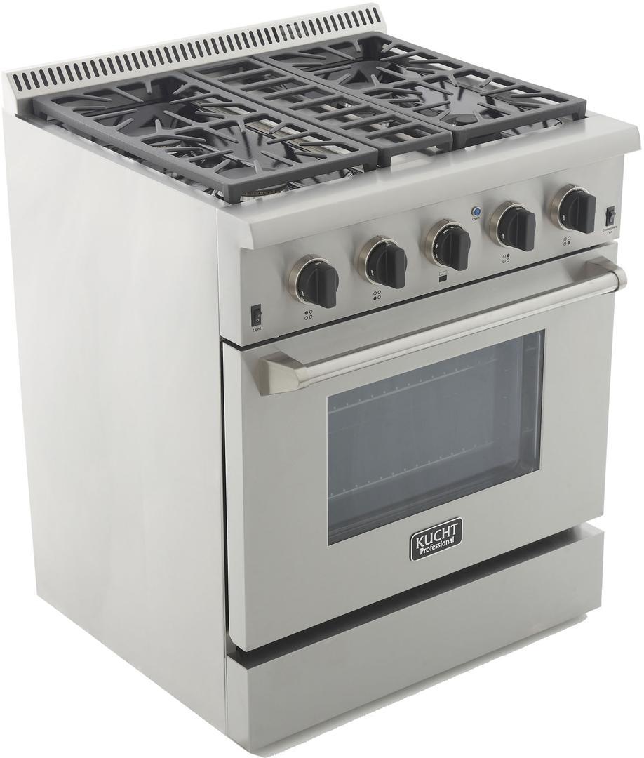 Stainless steel propane gas range with cooktop grates and convection oven window