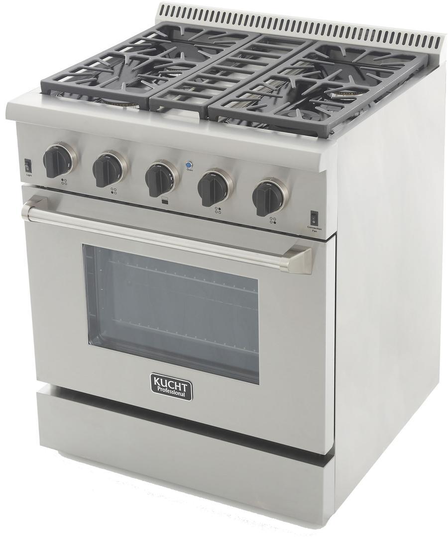Stainless steel propane gas range with convection oven window and four burner control knobs