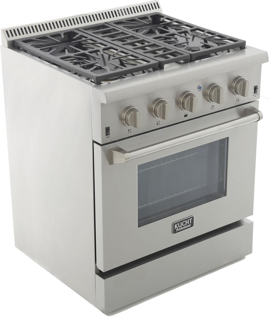 Stainless steel propane gas range with four burners and large convection oven window