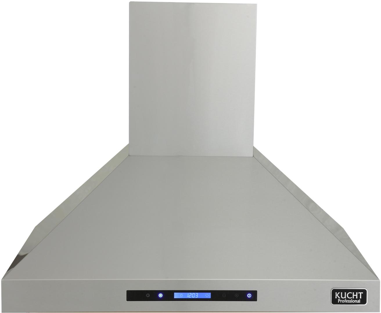 Stainless steel wall mounted range hood with blue display and Kucht logo