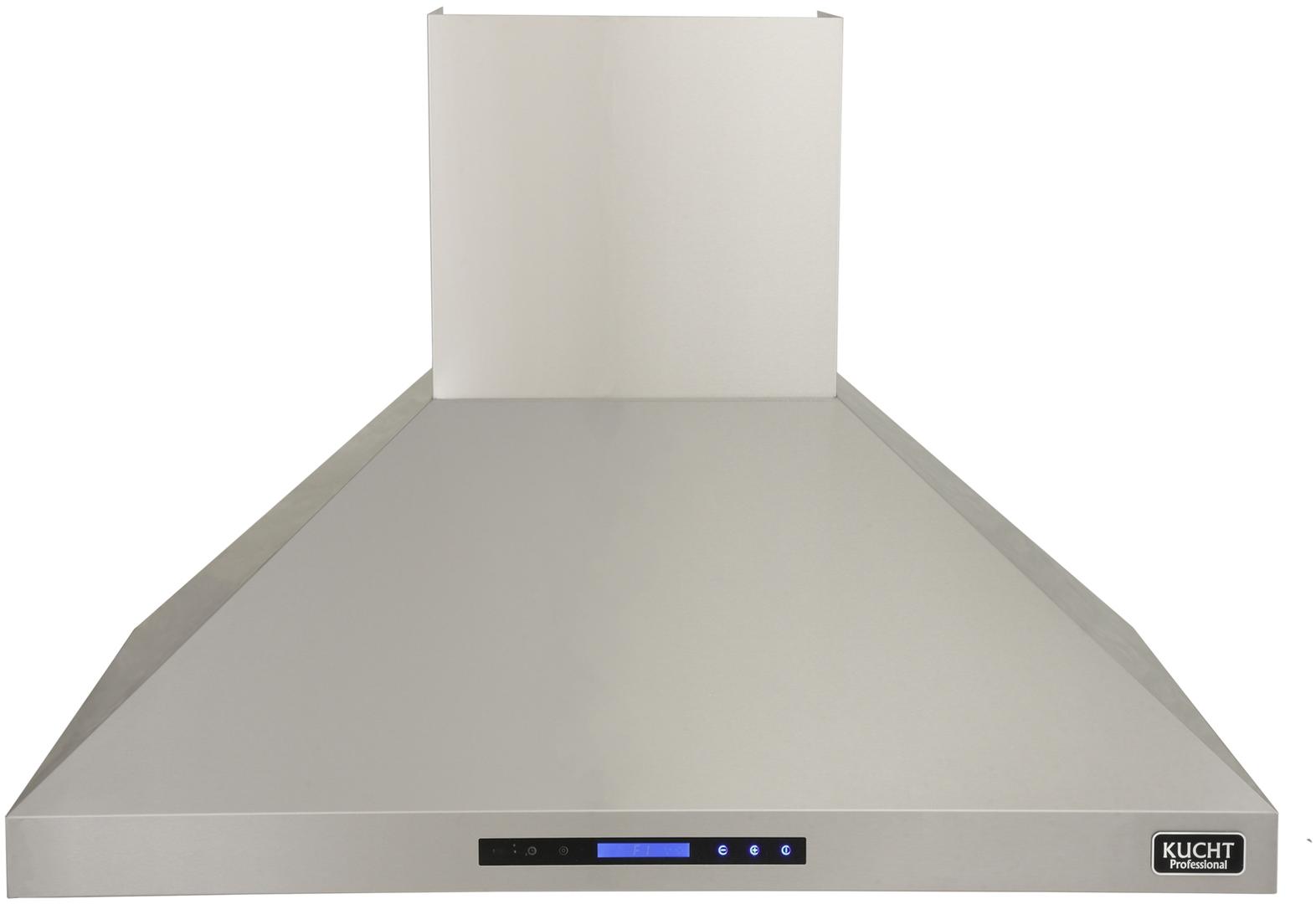 Stainless steel wall range hood canopy with touch control bar and Kucht logo