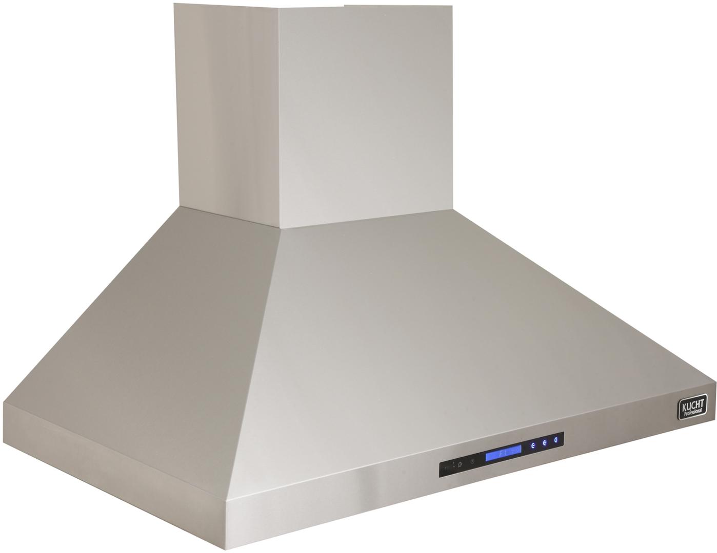 Stainless steel wall range hood with slanted canopy and control panel with blue lights