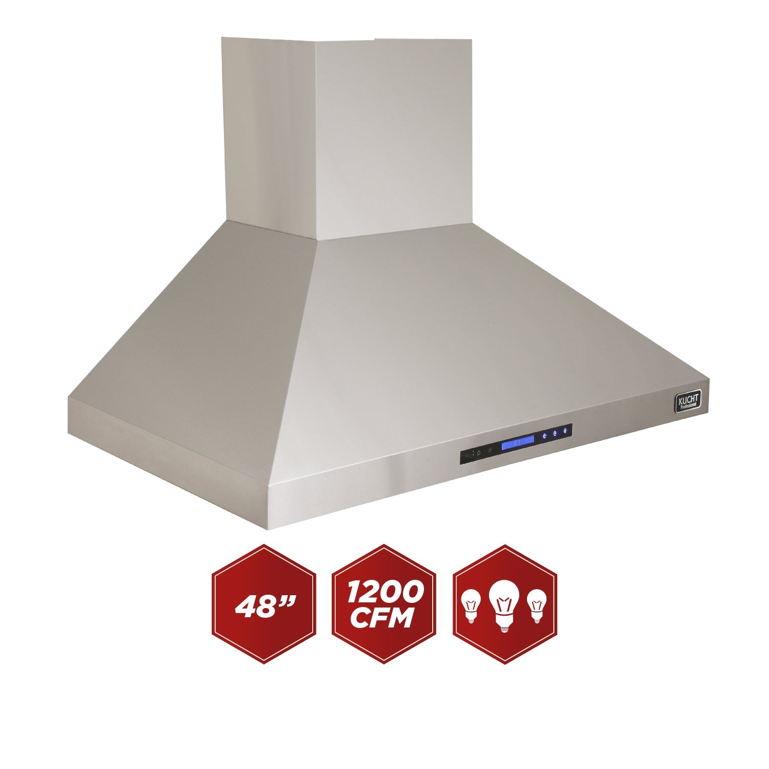 Stainless steel wall range hood with blue control lights and 48 in, 1200 CFM badges