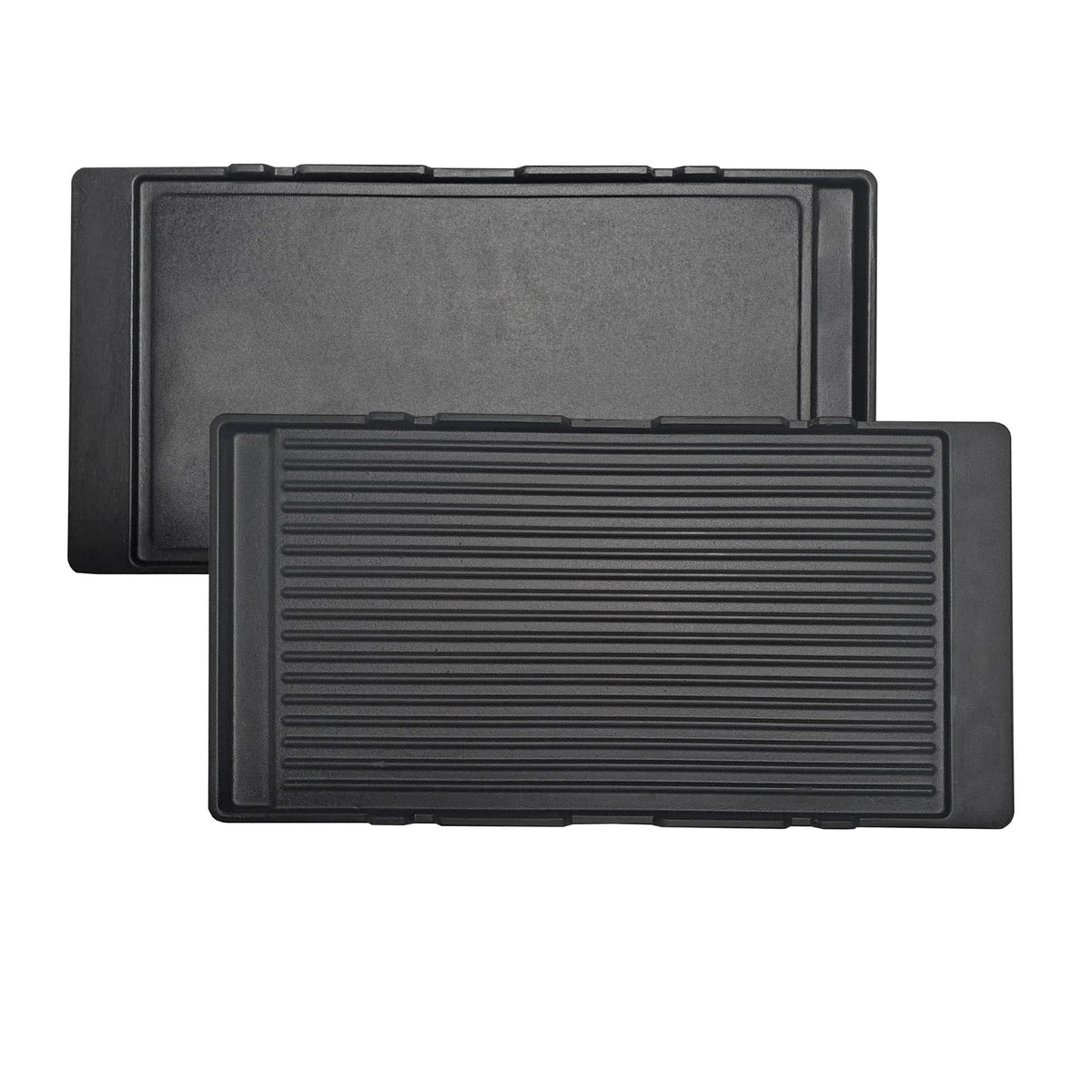 Reversible cast iron grill and griddle plates with ribbed and flat cooking surfaces