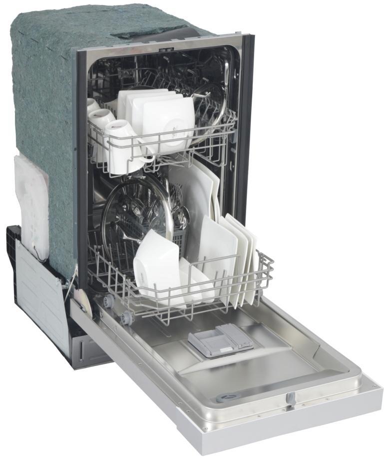 Dishwasher door open showing interior racks and silverware tray