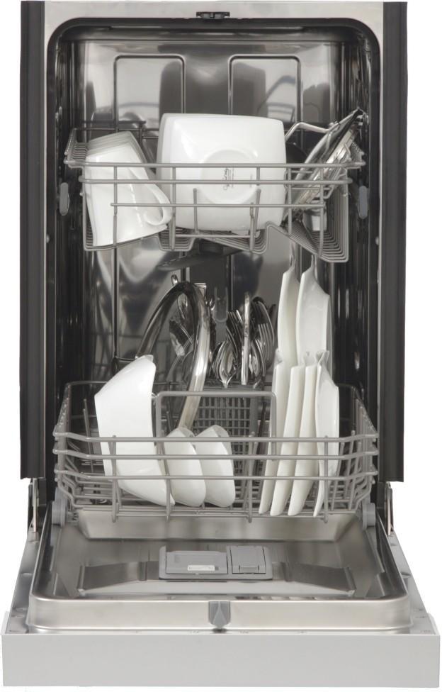 Open dishwasher showing upper and lower racks filled with utensils and plates