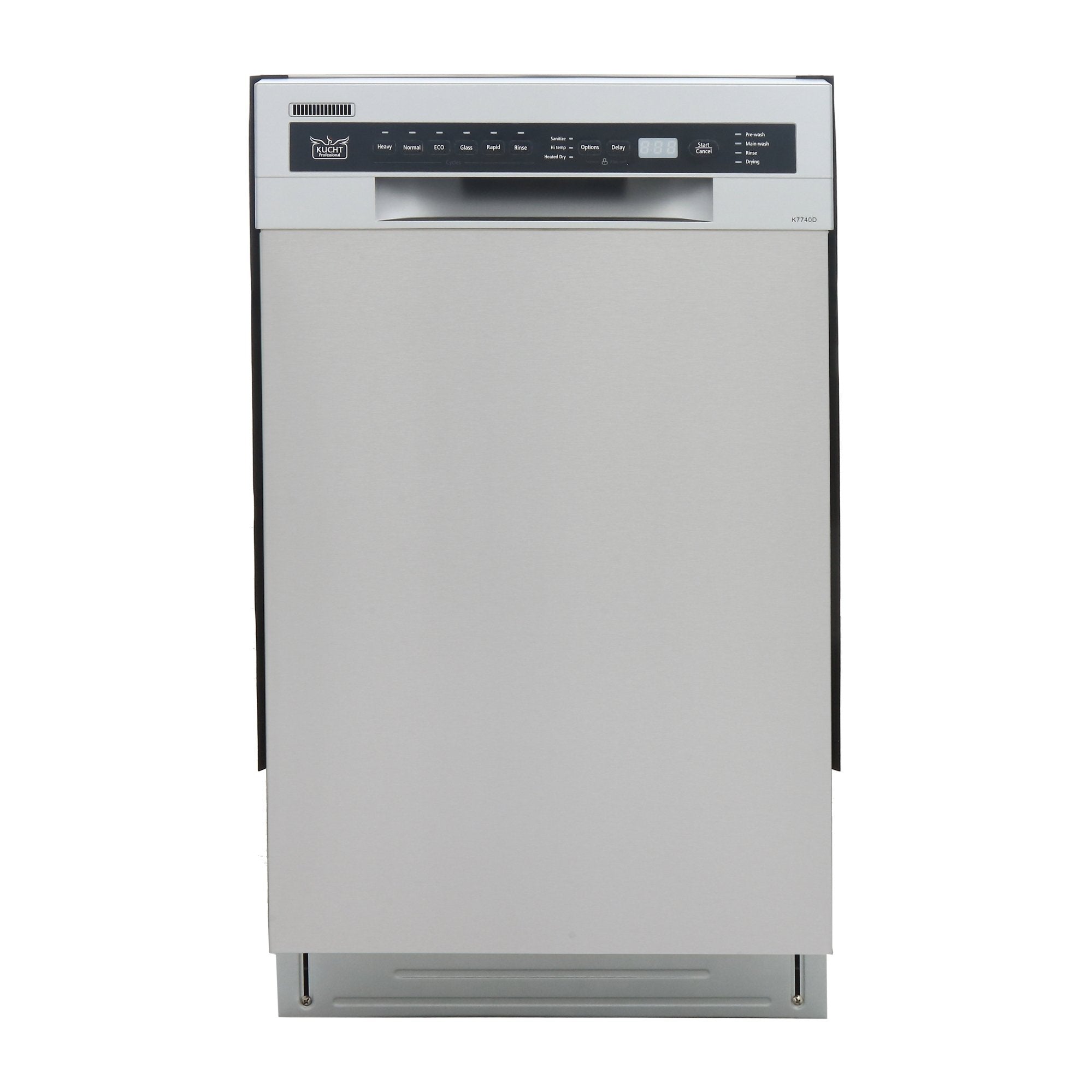 Stainless steel front-control dishwasher with recessed display and handle