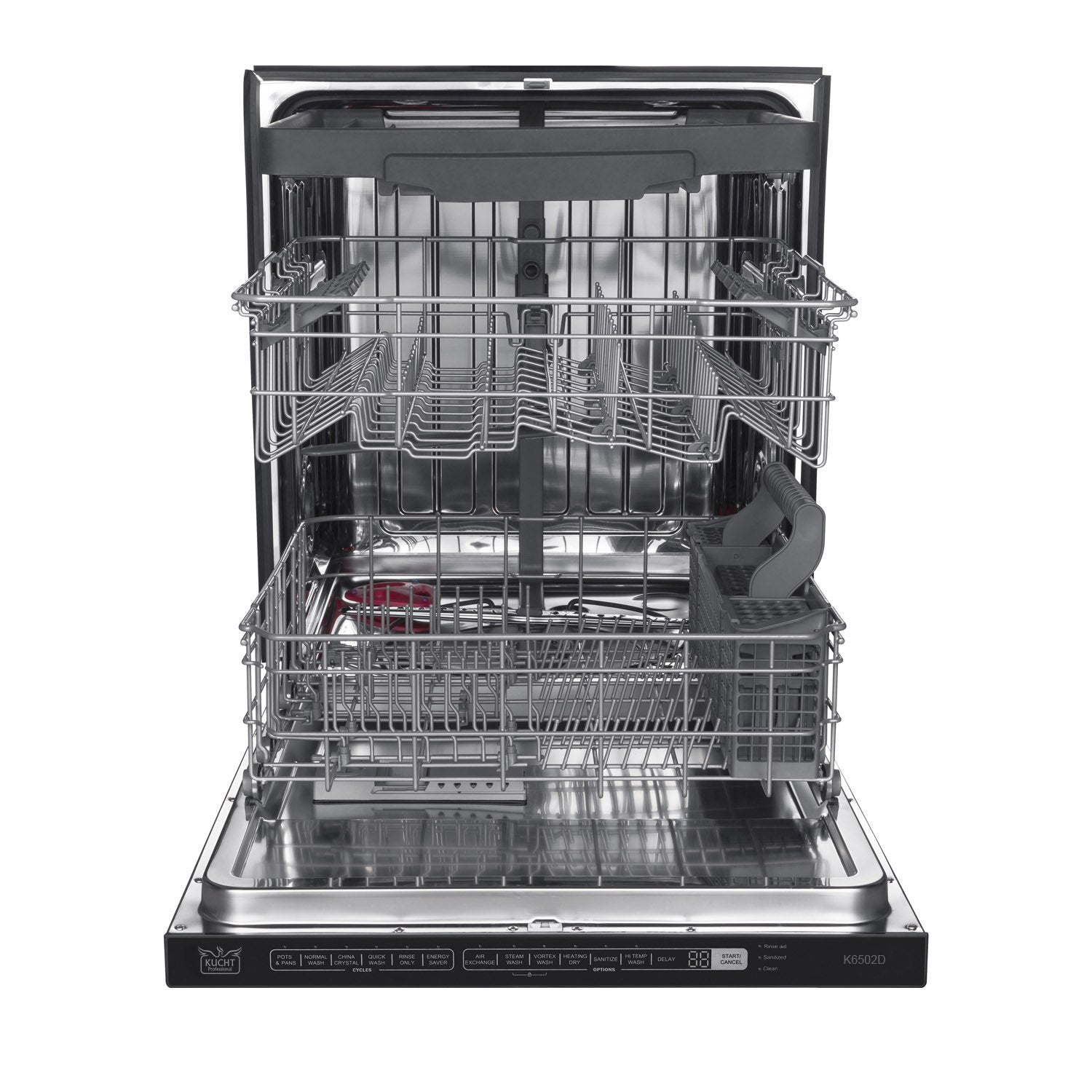 Stainless steel dishwasher interior with upper and lower racks visible