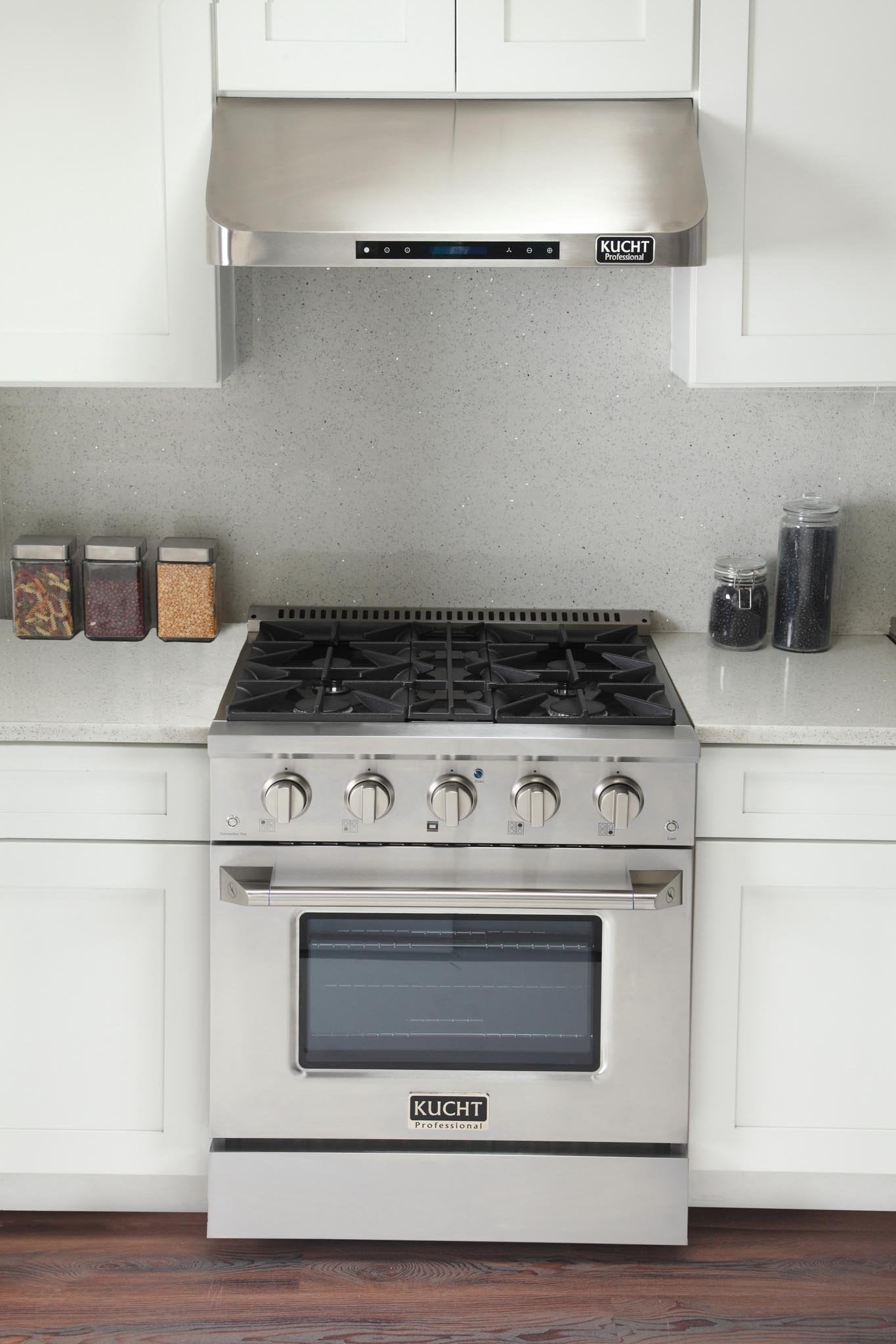Stainless steel gas range with 4 burners, oven door, and front control knobs